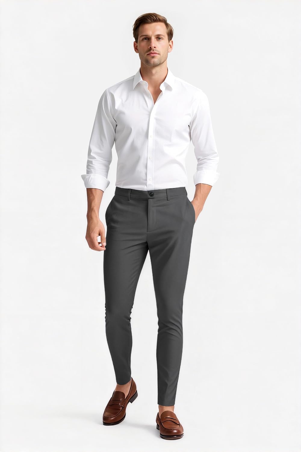 Herren Chino Hose Skinny Chinohose Casual mit Stretch Designer Hose Stoffhose, 30W / 30L Grau 3482