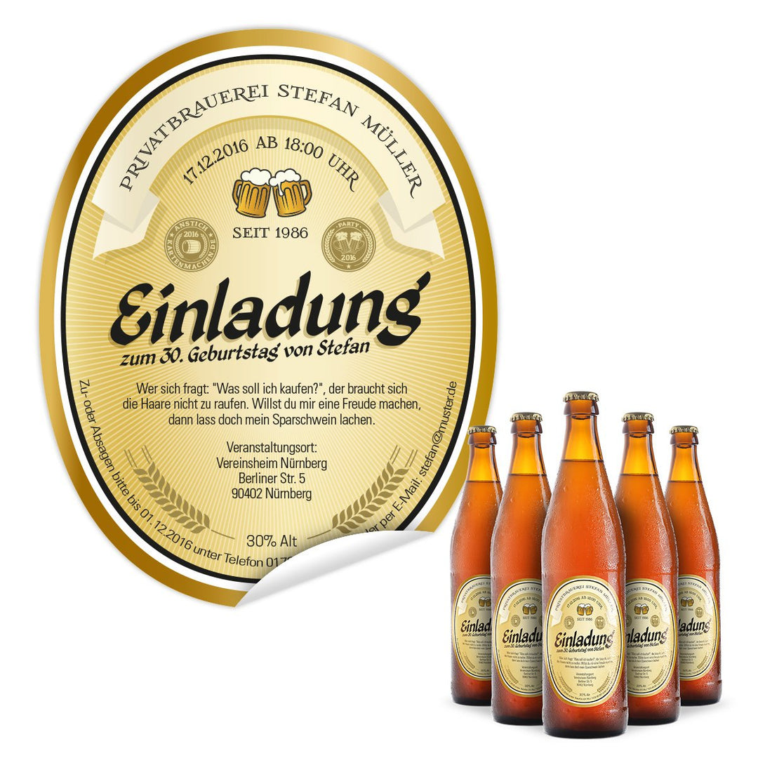 Flaschenetikett als Einladung (10 Stück) - Bier in Gelb – Bieretikett für Bierflaschen