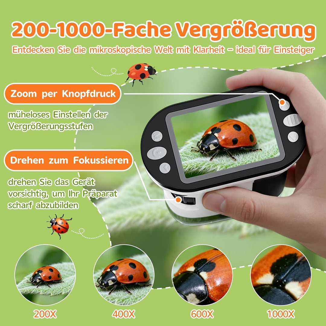 Digitales Mikroskop für Kinder mit 8GB Speicherkarte, 1000X Kinder Mikroskop mit 1080P HD 2,0" IPS‑B