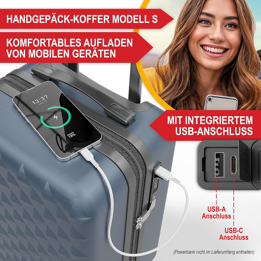 Onbest Premium Kofferset 4-TLG. – Hartschalenkoffer mit TSA-Lock, USB-Anschluss – 1x Kofferwaage, 2X