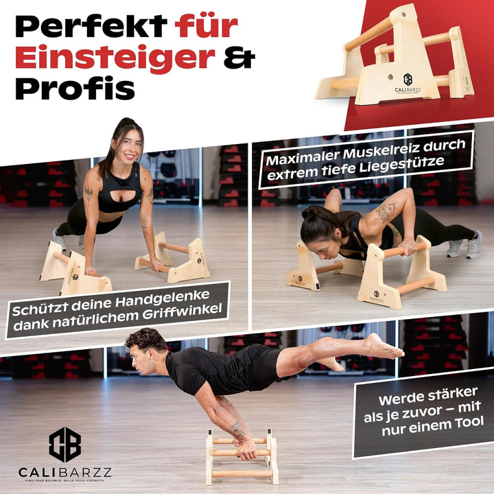 Calibarzz Parallettes & Liegestützgriffe aus Holz [3 Höhen] Push up Bars - Handstand Griffe - Dip Ba