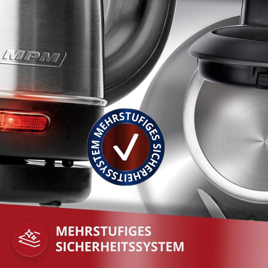 MPM MCZ-84M Elektrischer Wasserkocher, 1600 W, 1 Liter, 0 Dezibel, Edelstahl, silber, 1L Rostfreier