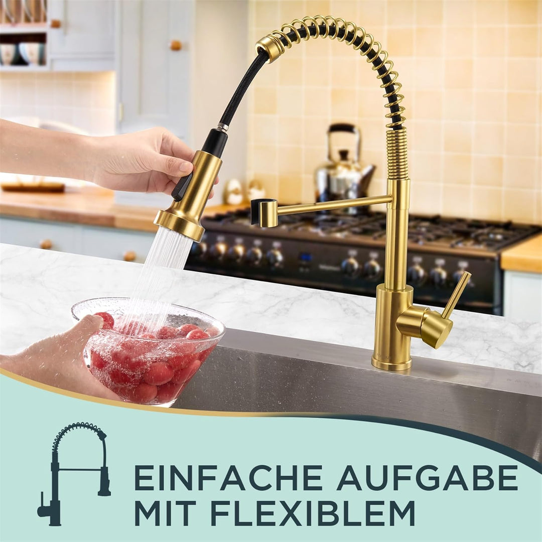 FORIOUS Wasserhahn Küche, Hoher Bogen Hochdruck Küchenarmatur mit Herunterziehen Brause Armatur, Mis