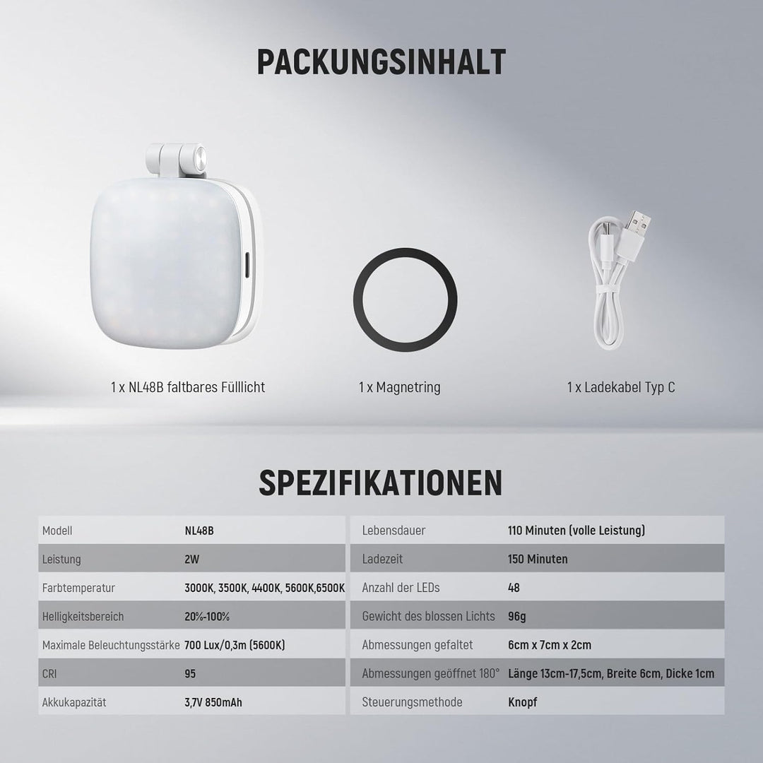 NEEWER Magnetisches Selfie Licht kompatibel mit iPhone MagSafe CRI95 700lx/0,3m Faltbare LED Handy F