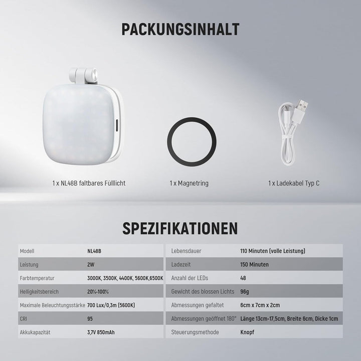 NEEWER Magnetisches Selfie Licht kompatibel mit iPhone MagSafe CRI95 700lx/0,3m Faltbare LED Handy F