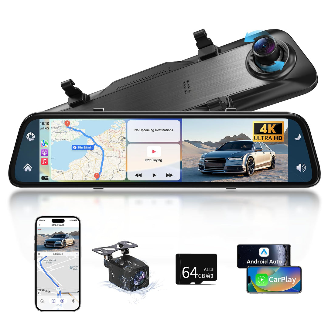 2026 Neuestes 12,5 Zoll 4K Rückfahrkamera Spiegel mit Wireless CarPlay Android Auto, Dashcam Auto Sp
