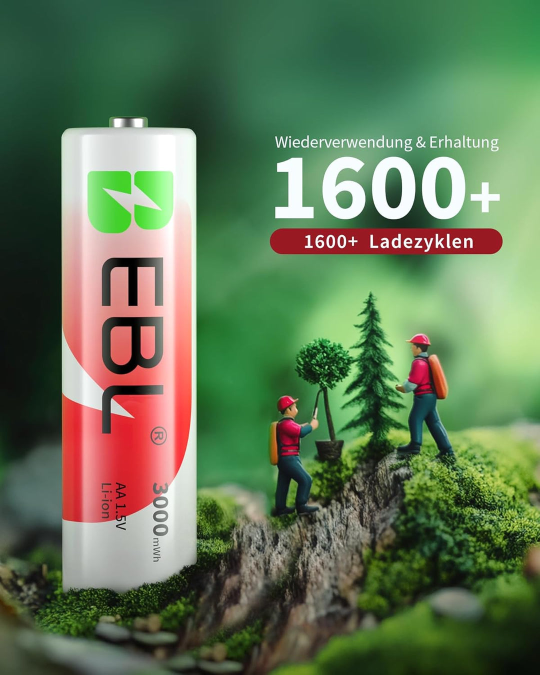 EBL Wiederaufladbar Lithium Akkus AA 8 Pack mit Ladegerät, 1.5v 3000mWh 1600 Zyklen Langlebige AA Ba