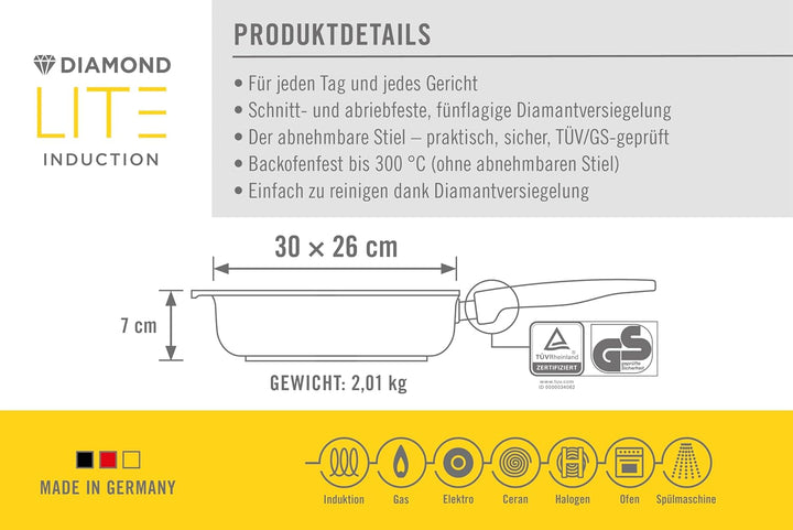 Woll Diamond Lite Gusspfanne, viereckig, Induktiv -, 30 x 26 cm, 7 cm hoch, mit abnehmbarem Stiel -