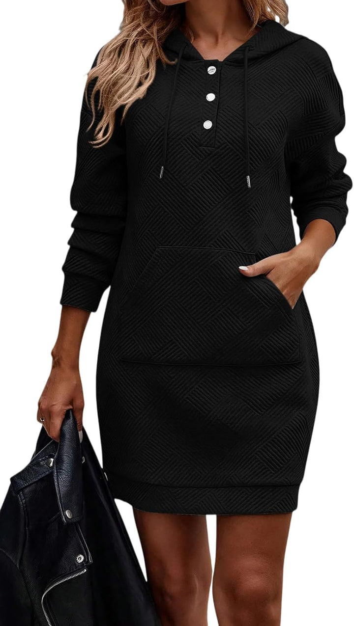 TrendiMax Damen Hoodie Kleid Herbst Übergangs Kapuzenpullover Sweatkleid Textur Knopf Langarm Sweats