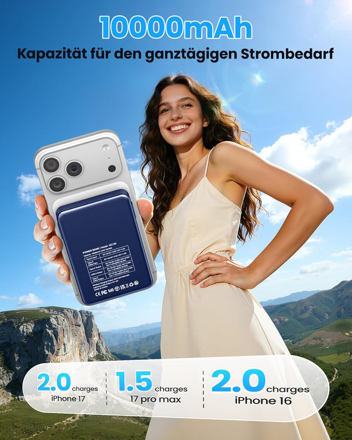 Magsaf Power Bank 10000mAh，Wireless Magnetische Powerbank Schnelles Laden mit LED-Display Mini Power