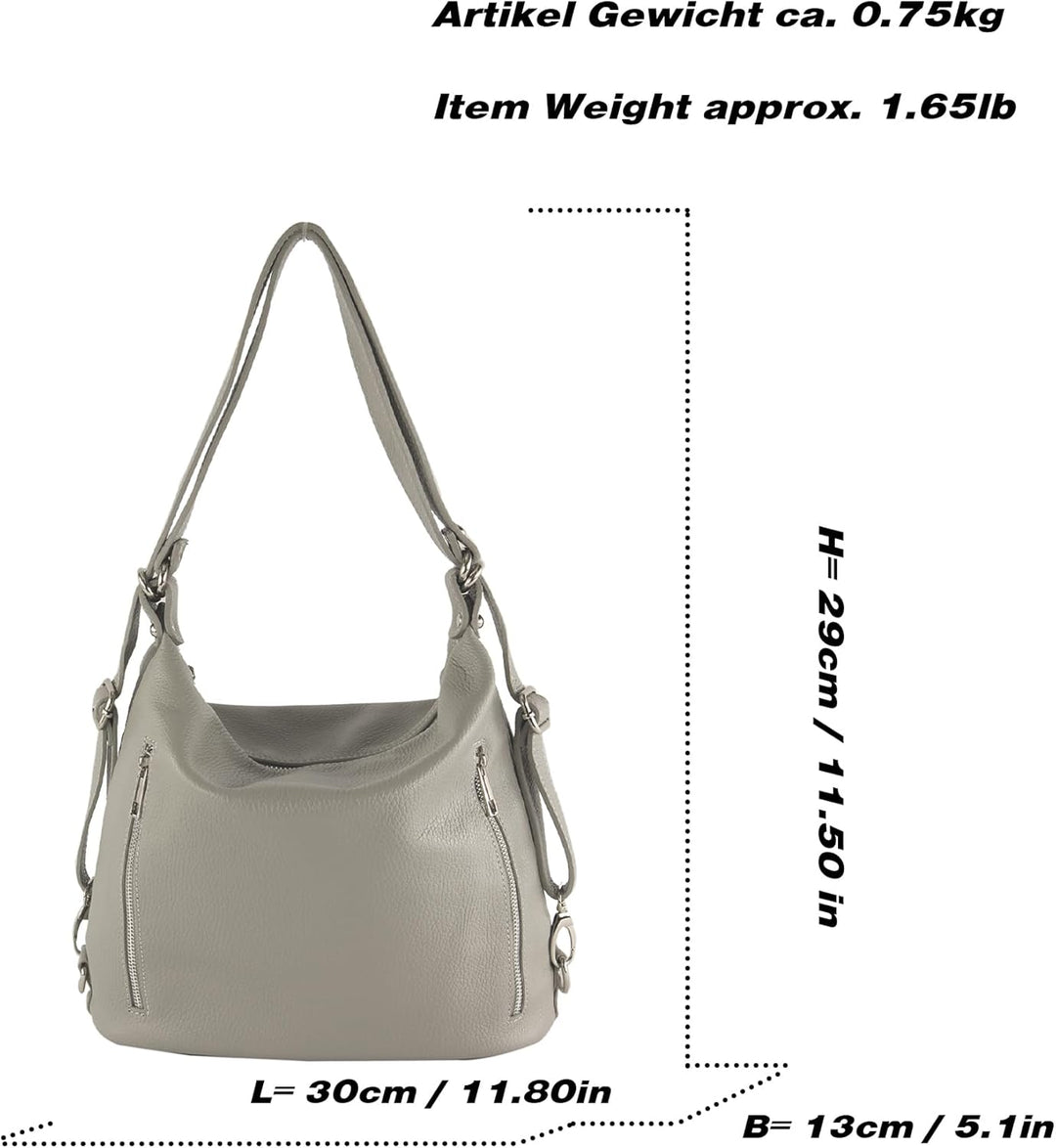 modamoda de - T249 - ital. Damen Rucksack Tasche 2 in 1 aus Leder Weiss, Weiss