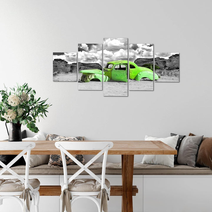 Runa Art Wandbilder Auto Oldtimer 5 Teilig Bild auf Vlies Leinwand Deko Wohnzimmer Vintage Grün Grau