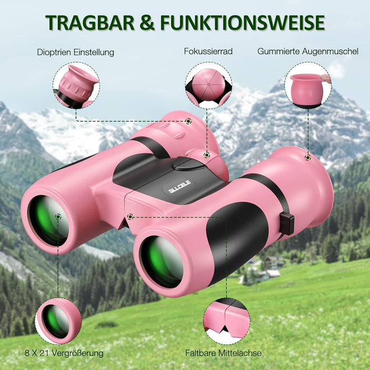 ALLCELE Fernglas für Kinder, Kinderfernglas mit starker Vergrösserung 8 x 21, Outdoor Exploration Fe