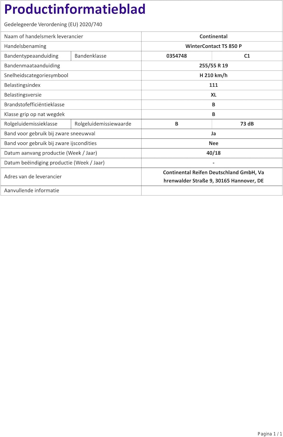 Winterreifen 255/55 R19 111H Continental WinterContactTM TS 850 P XL FR M+S AO 255/55R19 111H - AO/F