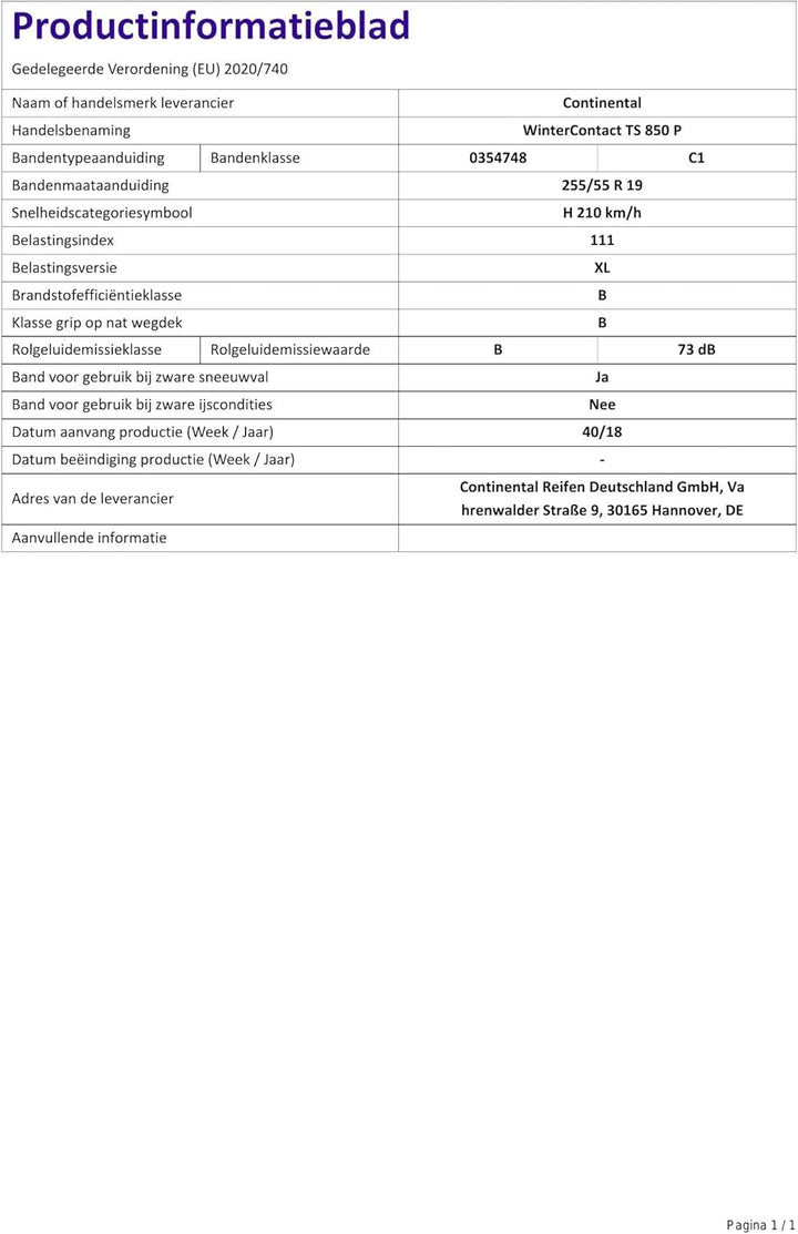 Winterreifen 255/55 R19 111H Continental WinterContactTM TS 850 P XL FR M+S AO 255/55R19 111H - AO/F