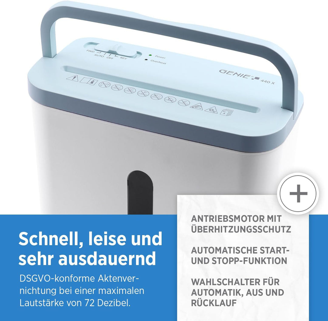 GENIE 440 X Aktenvernichter | Partikelschnitt 4x38 mm | Sicherheitsstufe P-4 | Leise 72 dB | Kompakt
