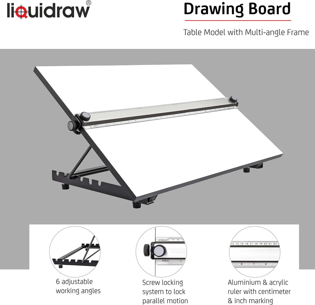Liquidraw TTM03 Zeichenbrett, A3, mit 5 einstellbaren Arbeitswinkeln, Clips und quadratischem Quadra