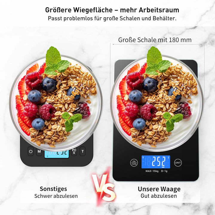 Digitale Küchenwaage, Lebensmittelwaage, 15 kg, hohe Genauigkeit, 1 g, USB wiederaufladbar, 2 AAA-Tr