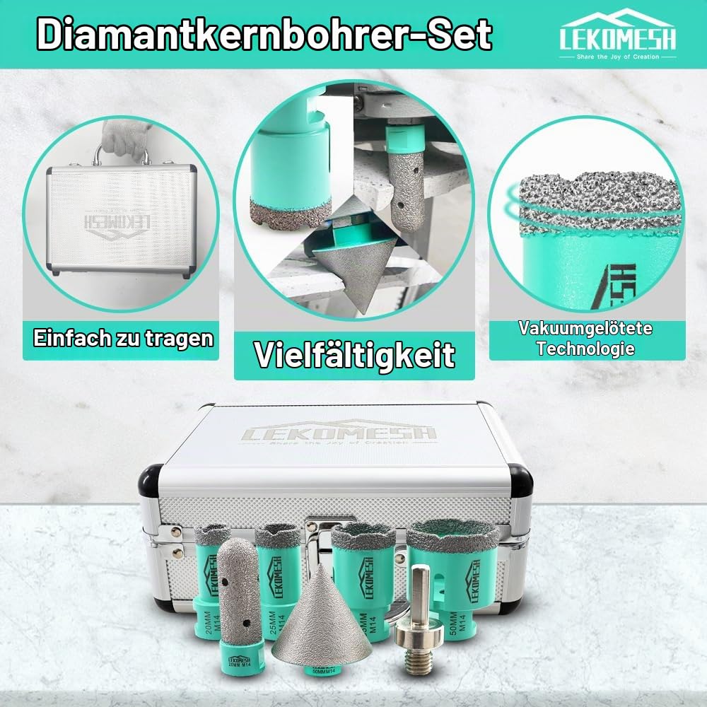 Diamant-Porzellanbohrer - 10 Stück (6/6/8/20/35/50/68 mm + 10 mm Diamantfräser + 50 mm Diamant-Fräsb