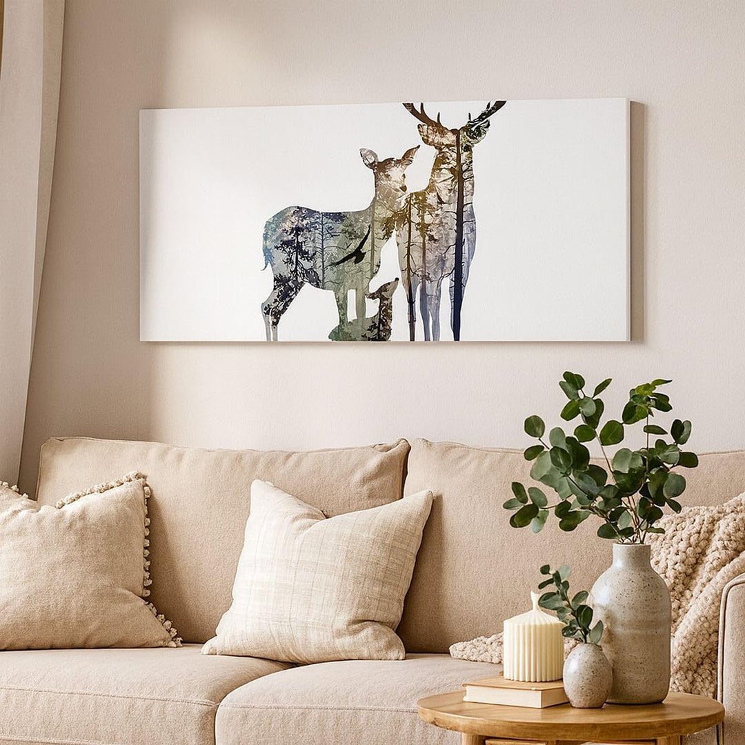Wandbilder Dekoration Wohnzimmer Deer Familie Wildheit Illustration Bilder auf Leinwand 120x50cm Lei