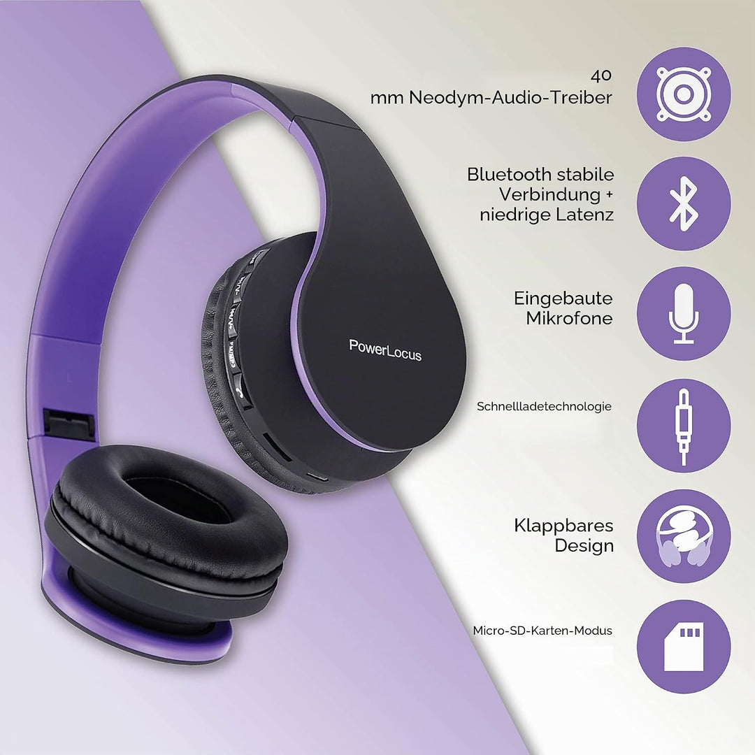 PowerLocus Bluetooth Kopfhörer Over Ear, Kabellose Kopfhörer, HiFi Stereo, Faltbare Kopfhörer mit Mi