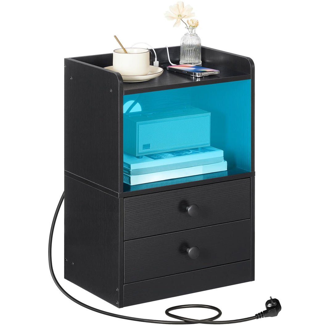 HOOBRO Nachttisch mit LED Streifen, Nachttisch mit Ladestation, Beistelltisch mit 2 Schubladen, Sofa