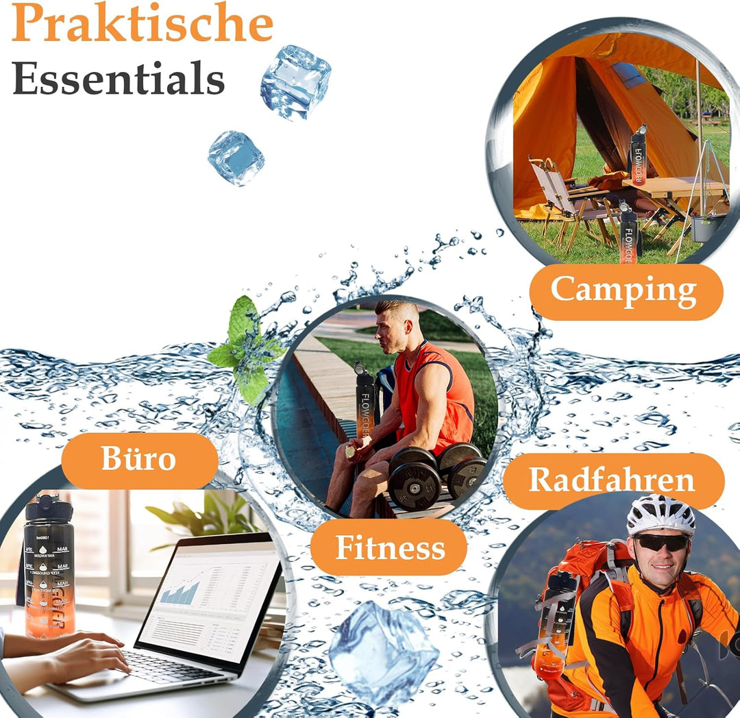Deutsch Trinkflasche, Trinkflasche 1L mit Strohhalm und motivierender Zeitmarkierung, Tritan BPA fre