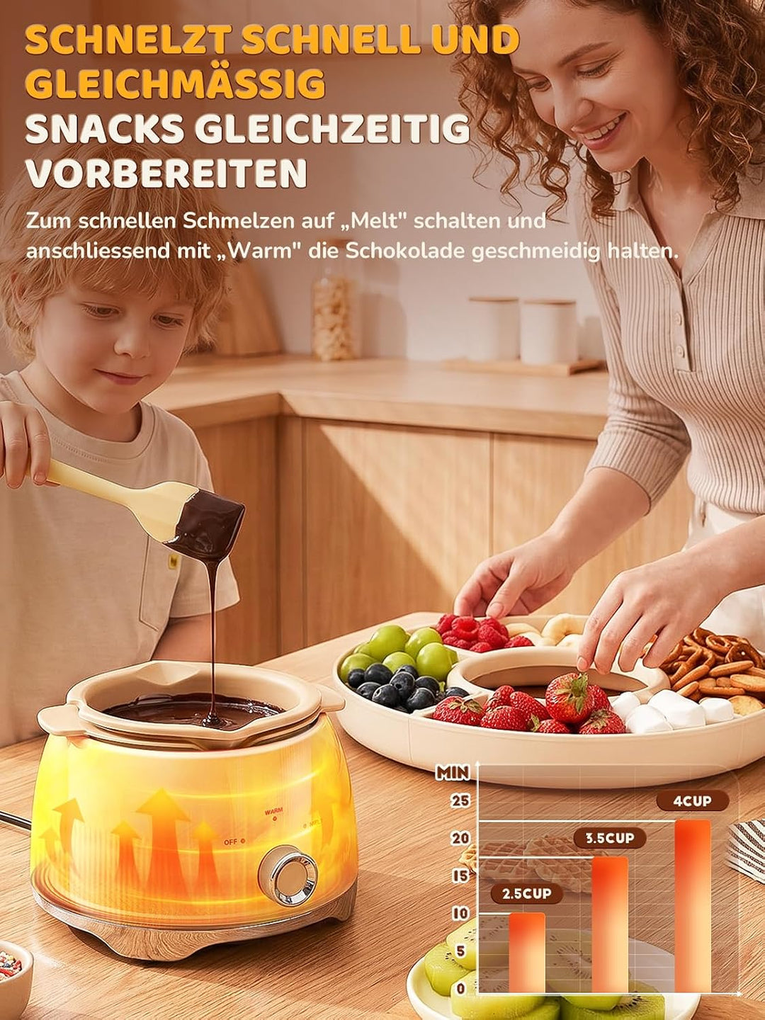Schokofondue Set elektrisch, 800 ml Schokoladenschmelzer mit drehbarer Servierschale Fondueset, 4 Fä