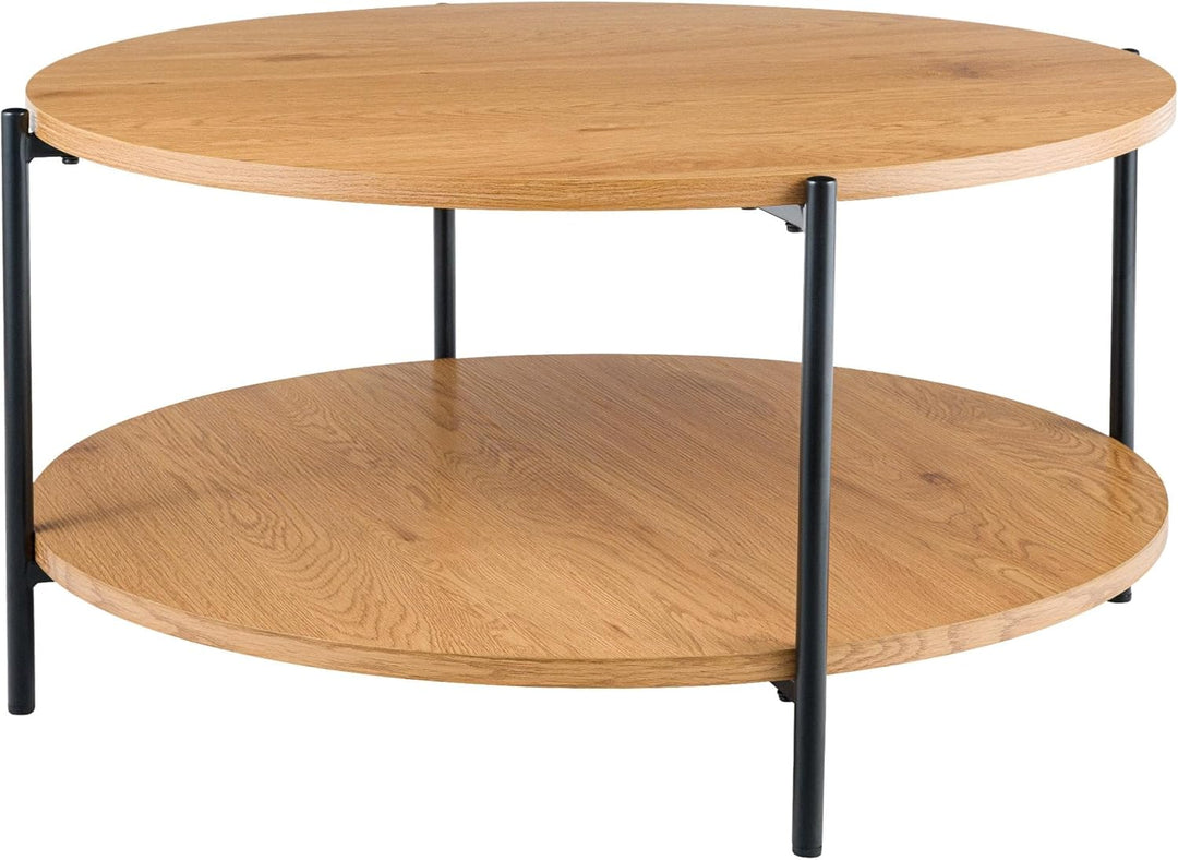 CLP Couchtisch rund Holz Edduma, Sofatisch 2 Ebenen mit Stauraum, Beistelltisch klein Metallgestell
