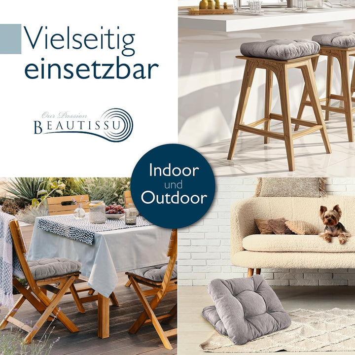 Beautissu 4er Set Premium Stuhlkissen UV-beständig robust für Balkonstühle | 35x35cm Hellgrau 8cm di