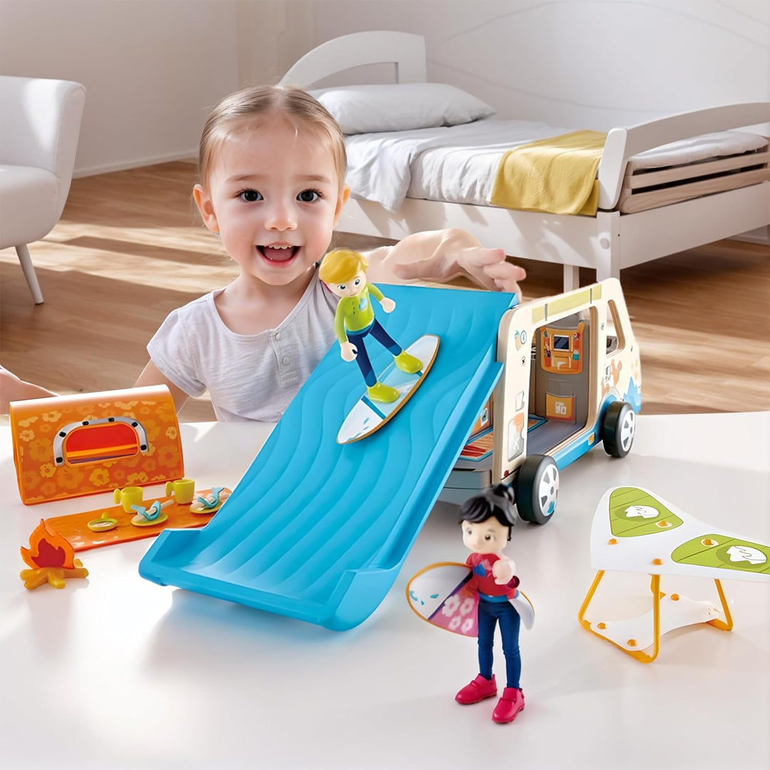 Hape Abenteuer-Van | Wohnmobil mit Puppen und Zubehör, der Camper ist aufklappbar, ab 3 Jahren