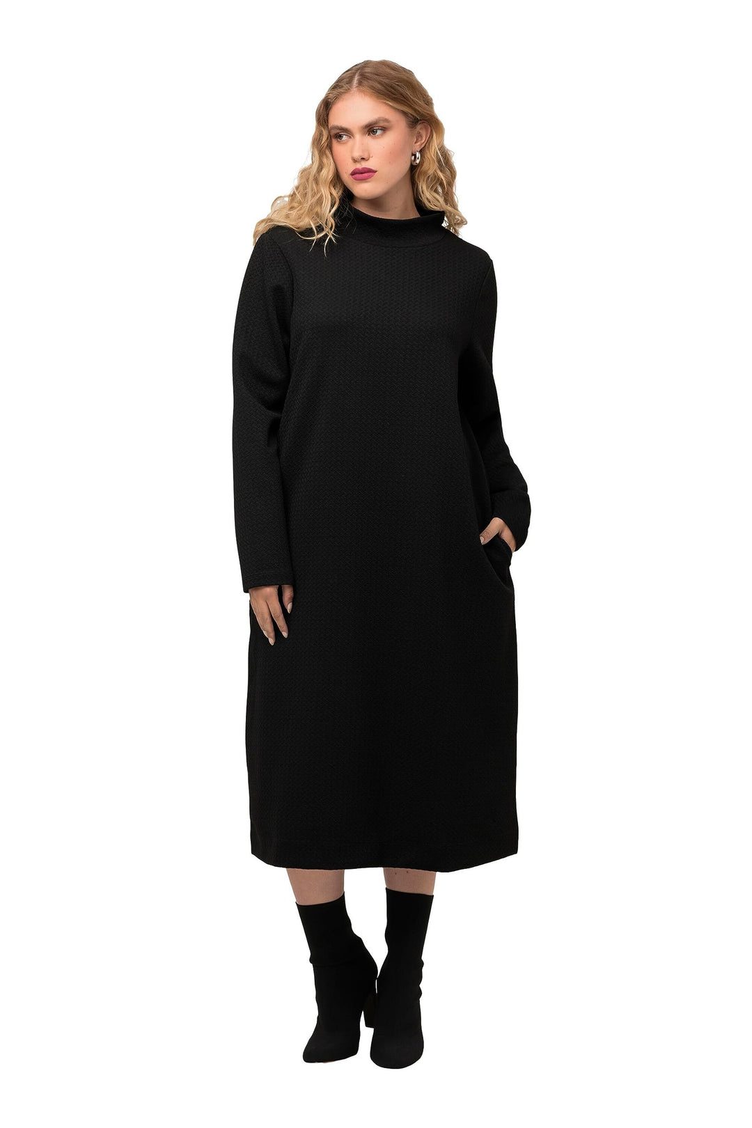 Ulla Popken Damen grosse Grössen Übergrössen Plus Size Sweatkleid, Struktur, Taschen, Stehkragen, La