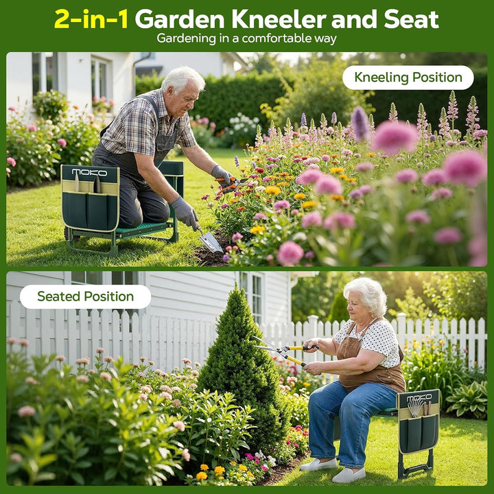 MoKo kniebank für Gartenarbeit, 350 lbs Klapphocker mit 2 Werkzeugtaschen | 2-in-1-gartenhocker klap