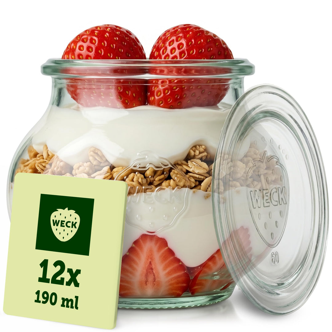 Weck Gläser 190ml – 12er Set mit Deckeln – Schmuckform – robuste, stapelbare Vorratsgläser & Einweck