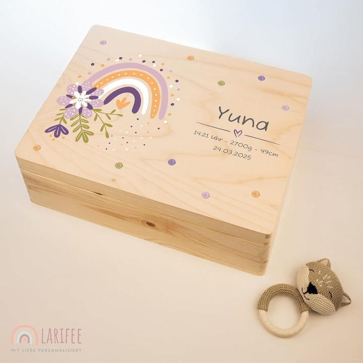 LARIFEE Erinnerungskiste personalisiert Regenbogen Blumen mit Name – Baby Erinnerungsbox Holz mittel