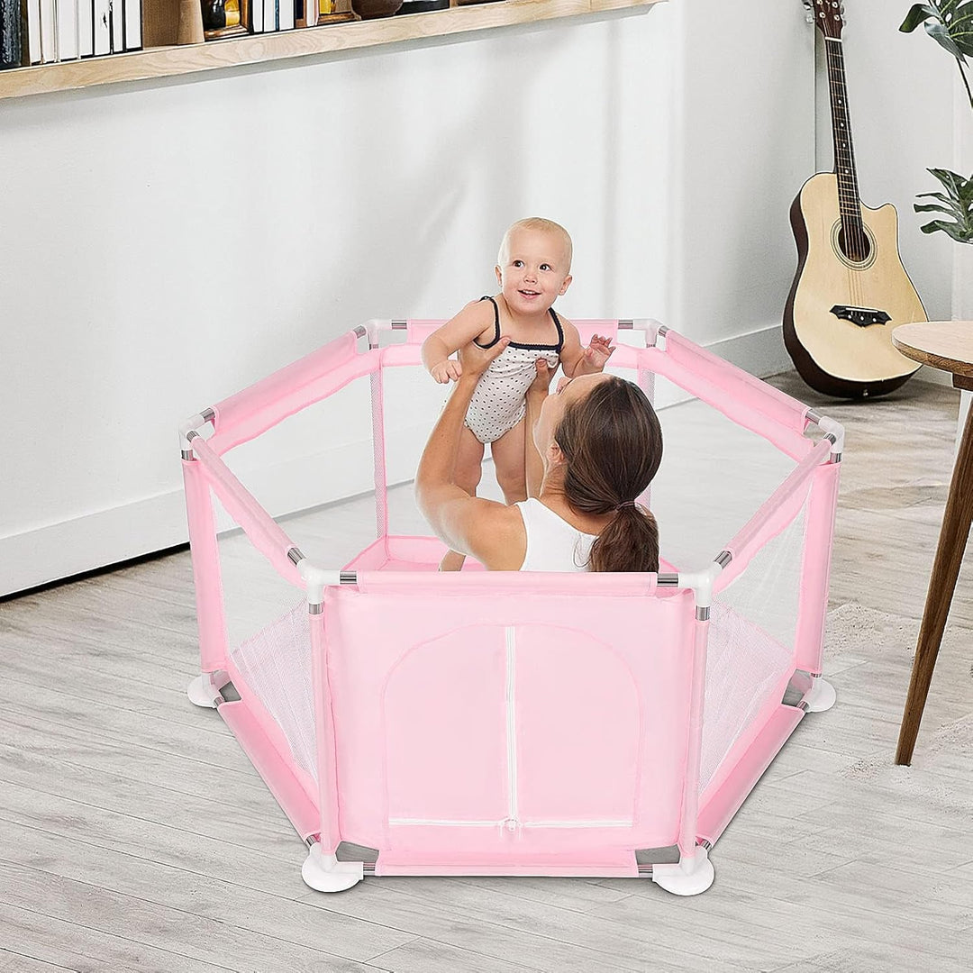 Faltbarer Laufstall Baby 128×110×65 cm – sechseckiger Laufgitter Baby mit atmungsaktiven Netz-Seiten