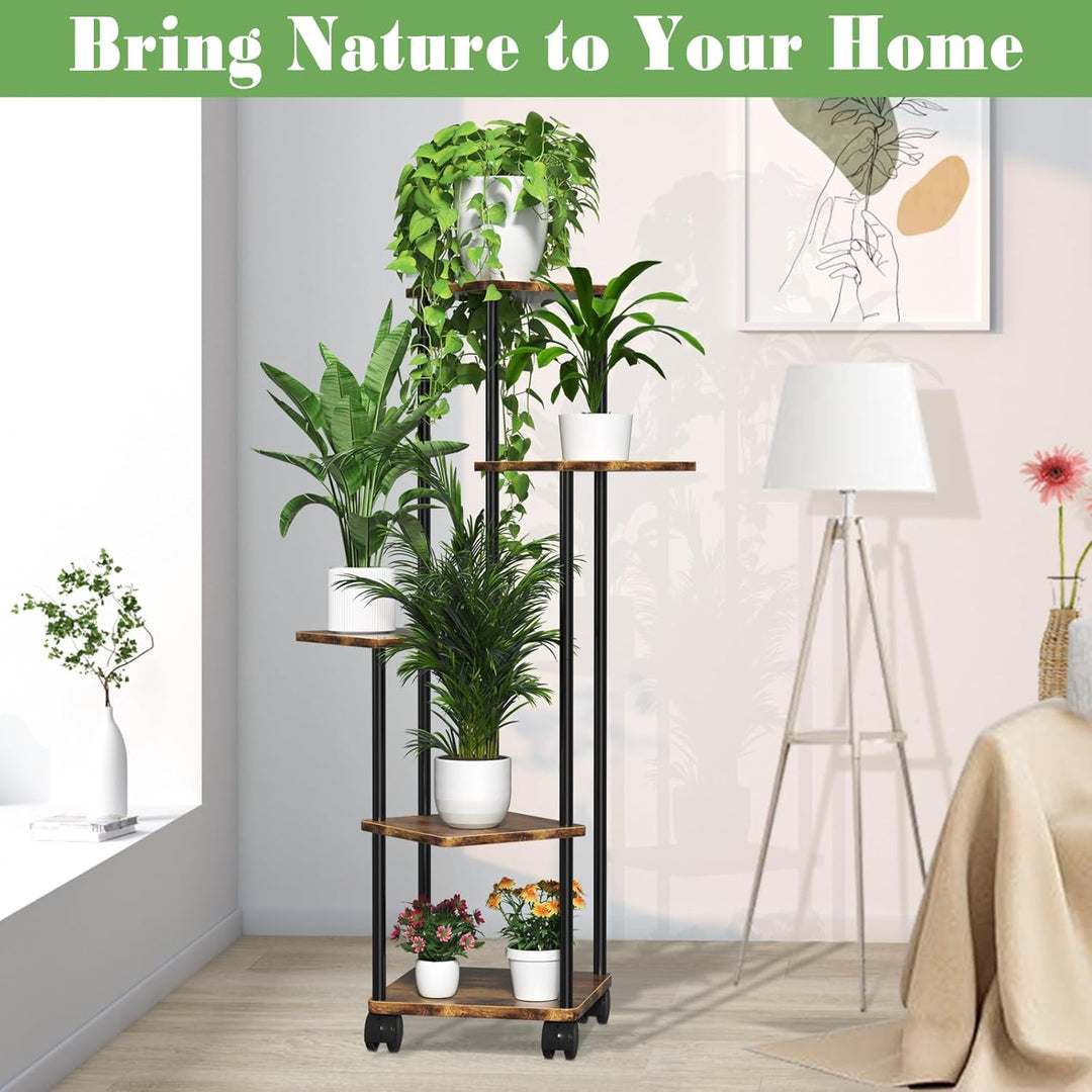 Blumenständer Pflanzenständer 5 Tier Holz, Pflanzenregal Mit Abnehmbaren Rollen, Modernes Blumenrega