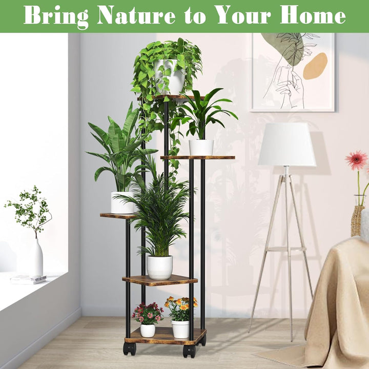 Blumenständer Pflanzenständer 5 Tier Holz, Pflanzenregal Mit Abnehmbaren Rollen, Modernes Blumenrega