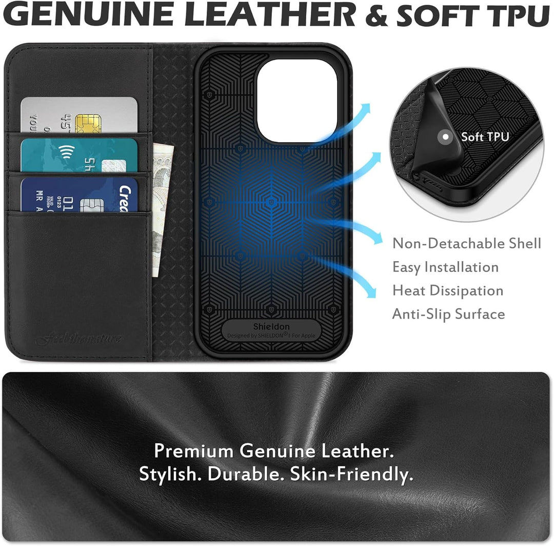 SHIELDON Hülle für iPhone 14 Pro 5G Handyhülle [Echtleder] [Kartenfach] [Magnet] [Standfunktion] [RF