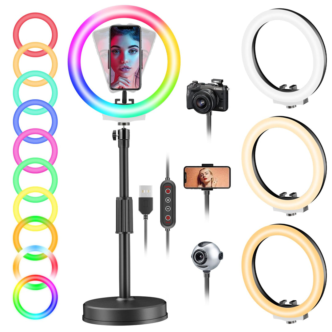 PEYOU Handy Ringlicht mit Stativ,[2025 Upgrade] 42 RGB-Modi Tisch LED Ring Light Kamera Handystativh