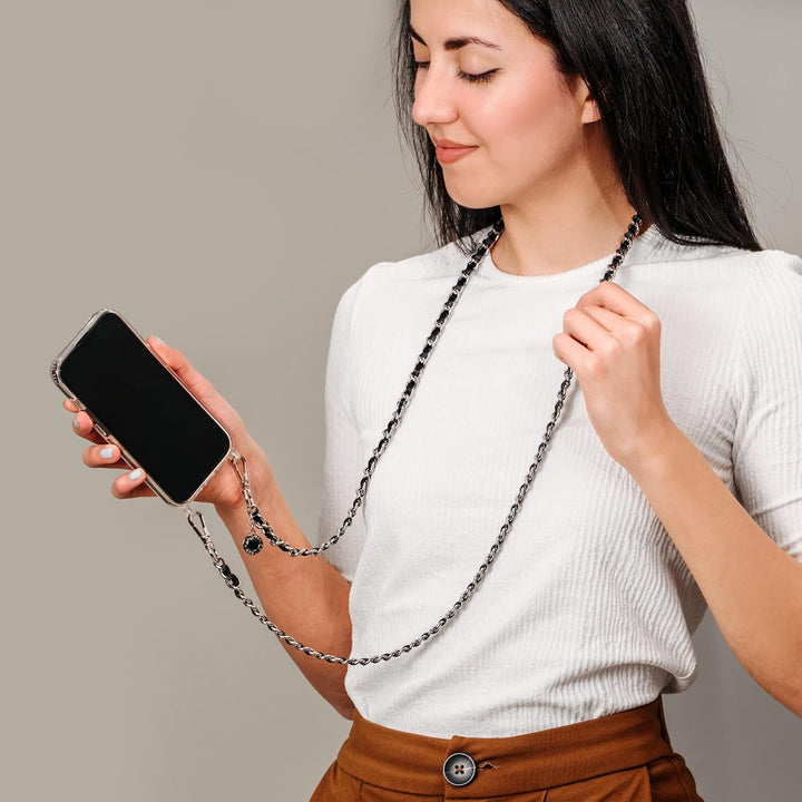 Jalouza Handykette, Kordel & Hülle Bundle kompatibel mit iPhone 13 - Metallkette in Schwarz-Silber u