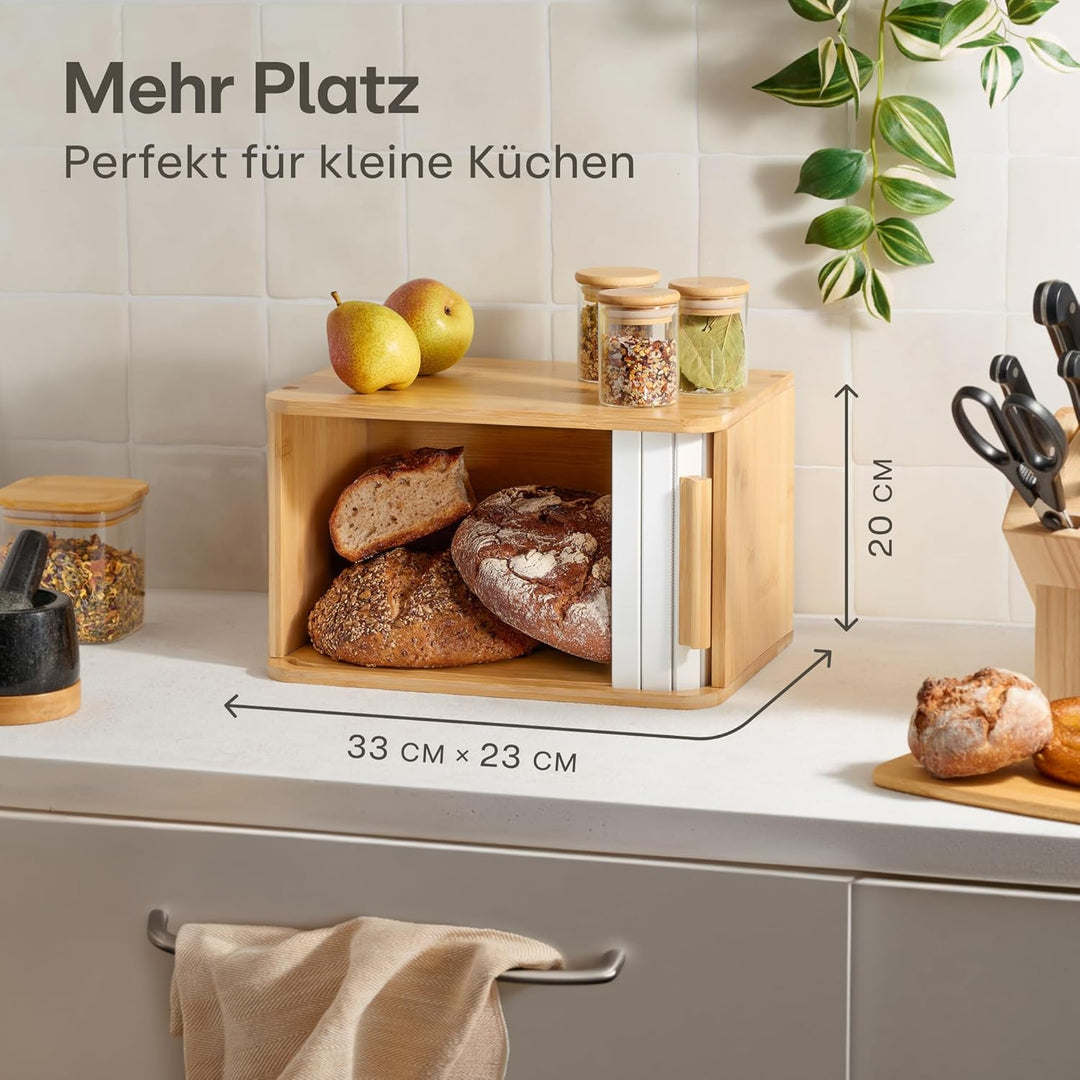 Praknu Brotkasten klein aus FSC® Holz mit Schiebetür - Brotaufbewahrung 33x23cm - Platzsparend und s