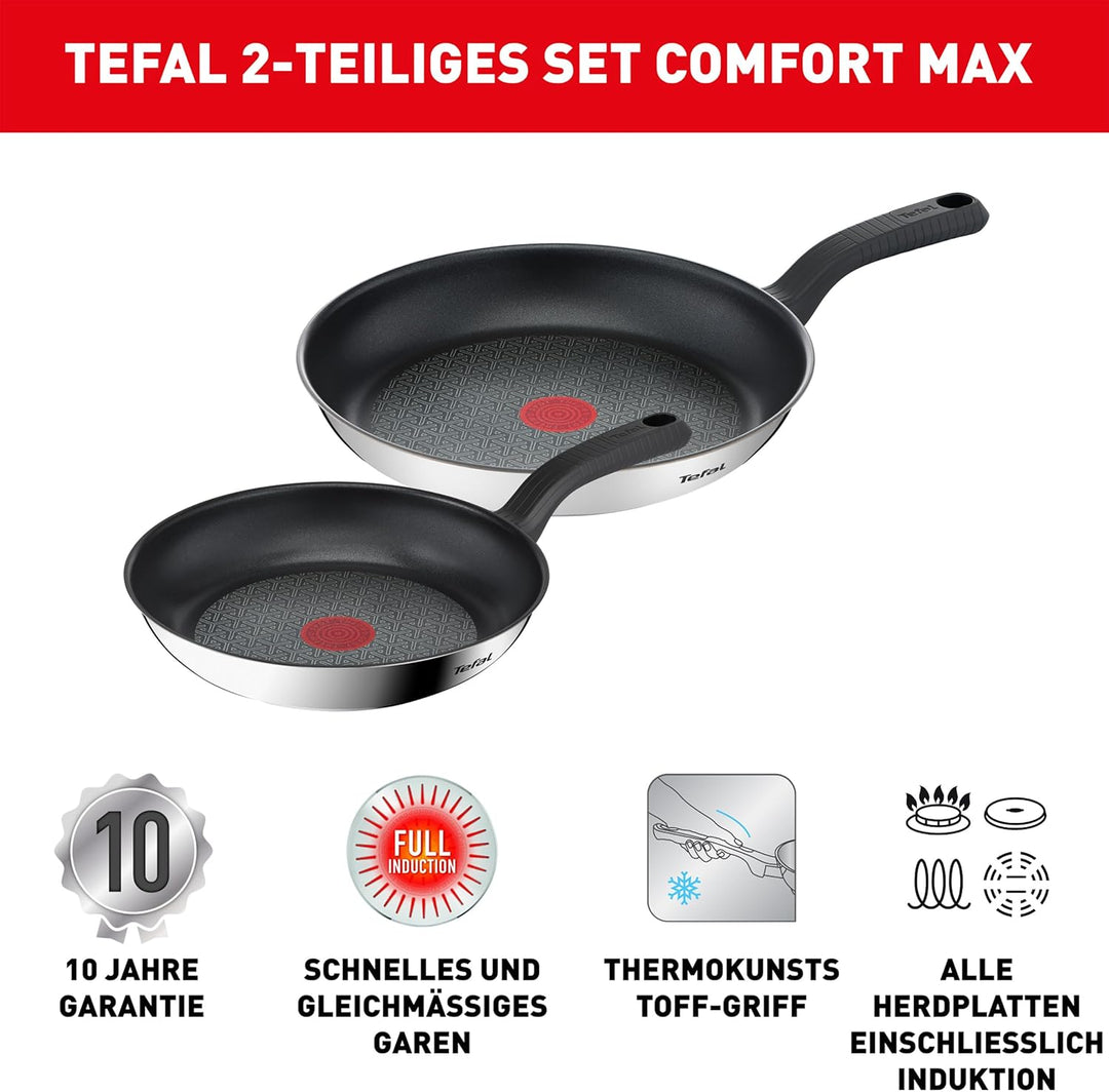 Tefal G726S204 Set, Edelstahl, 24 cm und 28 cm, 2-teilig Kochgeschirr, Comfort Max, Bratpfannen, Sch
