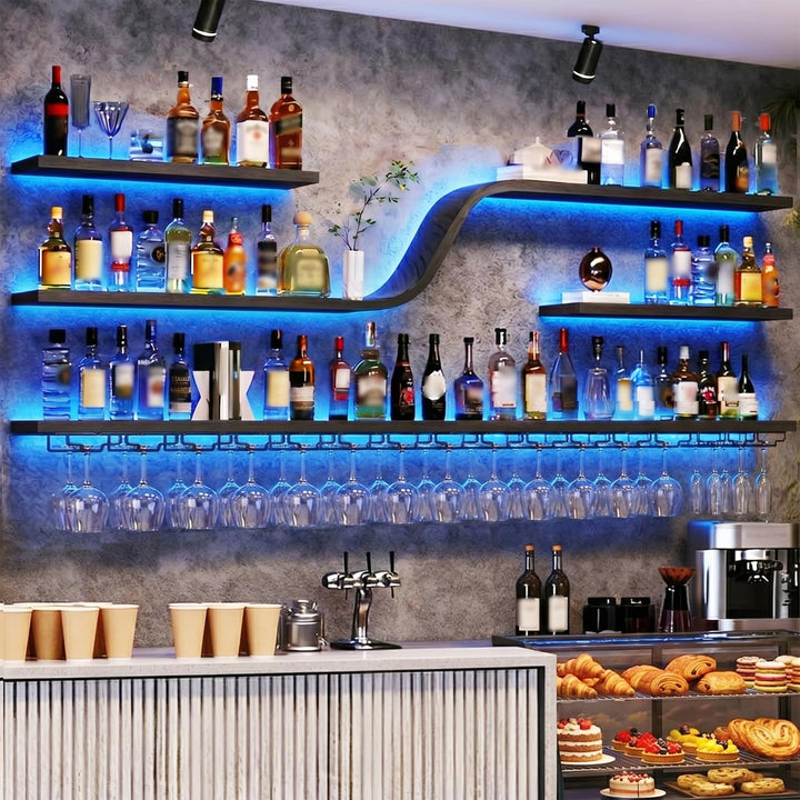150cm Wand Weinregal mit LED Beleuchtung, Moderne geschwungene schwebende Bar Regal, Wandmontage Win