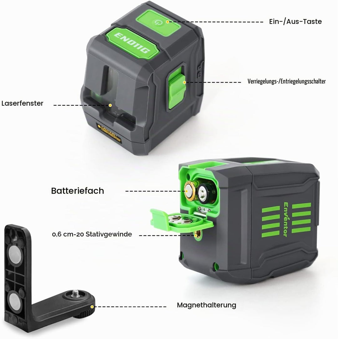 Kreuzlinienlaser Grün, ENVENTOR EN011G Selbstnivellierend Linienlaser 25m ± 0,3mm/m, Vertikale/Horiz