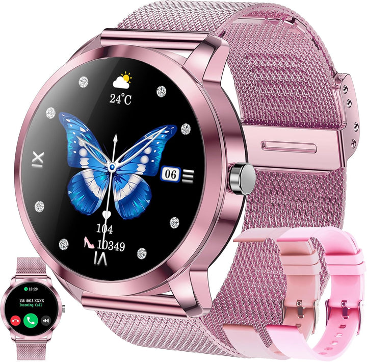 Smartwatch Damen mit Telefonfunktion, 1,09” Fitnessuhr mit 123 Sportmodi, Pulsmesser, Schlafmonitor,