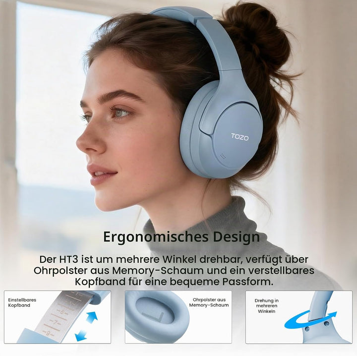 TOZO HT3 Kopfhörer Kabellos Bluetooth Over Ear, Noise Cancelling Kopfhörer mit 5 Mics,90 Std, Hi-Res