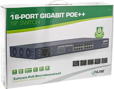 InLine® PoE++ Gigabit Netzwerk Switch 16 Port, 1GBit/s, 2xSFP, 19", Metall, Lüftersteuerung, mit Dis