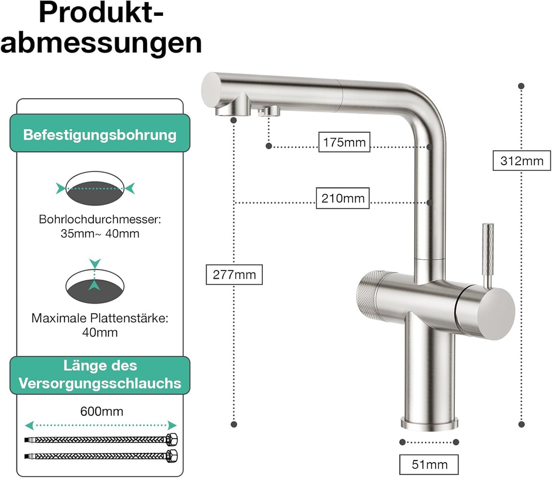 Faustina 3 Wege Küchenarmatur mit Brause ausziehbar, Doppelhebel Armatur Wasserhahn Spültischarmatur