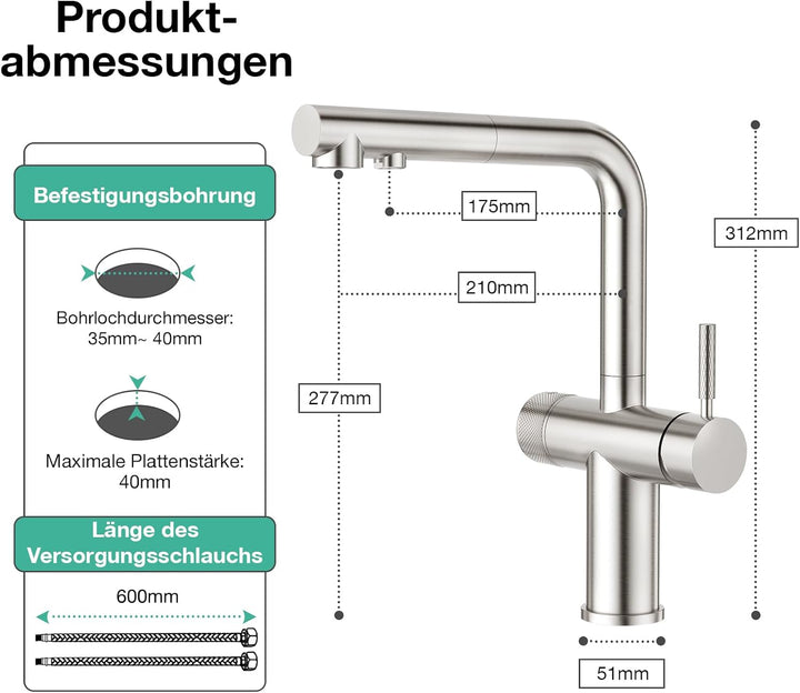 Faustina 3 Wege Küchenarmatur mit Brause ausziehbar, Doppelhebel Armatur Wasserhahn Spültischarmatur